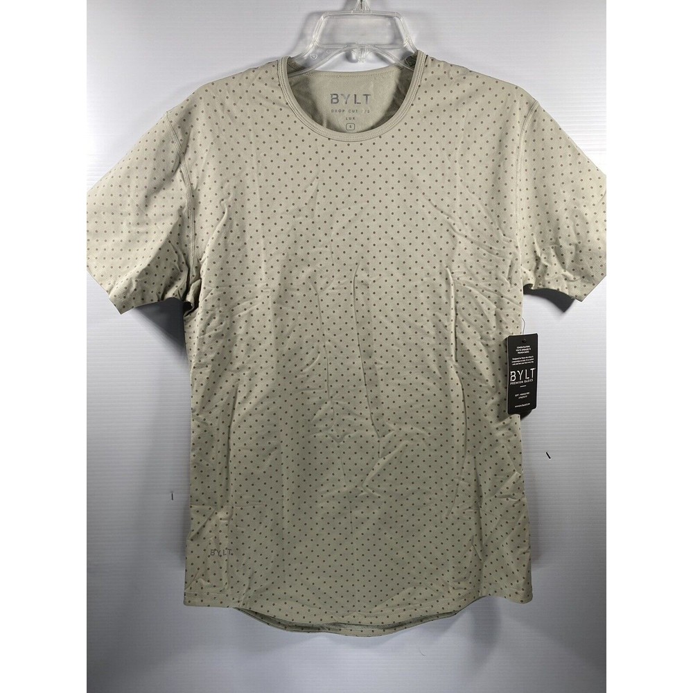 BYLT Mens Limestone & Sand Polka Dot Drop Cut Short Sleeve Lux Tee Stretch Sz Sm